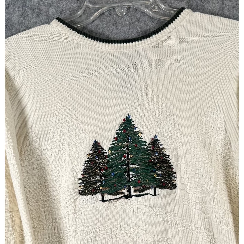 VTG 90s Christmas Tree Sweater Knit Embroidery Hunting Outdoor Sz L Grandpa